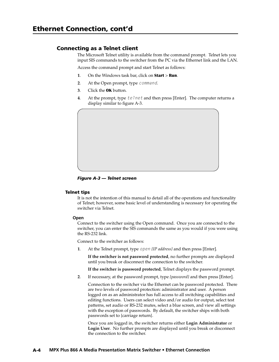 Connecting as a telnet client, Telnet tips, Open | Preliminar y, Ethernet connection, cont’d | Extron Electronics MPX Plus 866 A Rev. B User Manual | Page 192 / 222