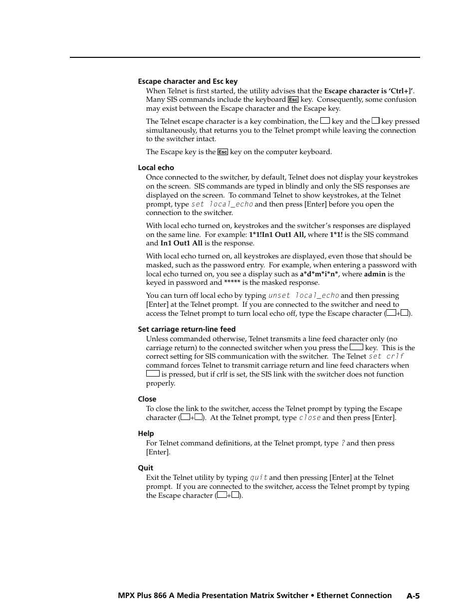Escape character and esc key, Local echo, Set carriage return-line feed | Close, Help, Quit, Preliminar y | Extron Electronics MPX Plus 866 A Rev. B User Manual | Page 193 / 222