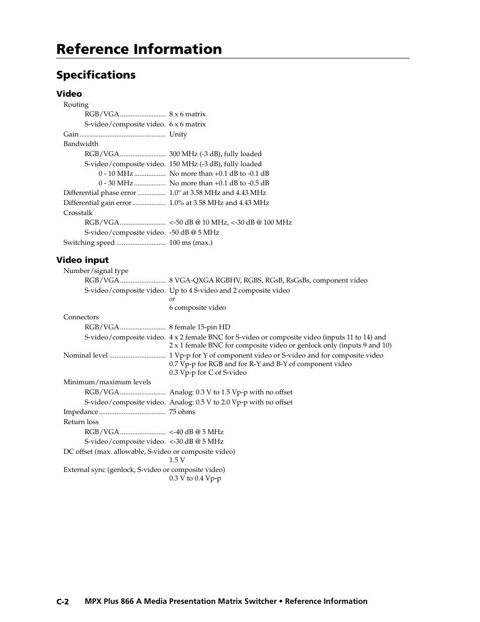 Specifications, Preliminar y, Reference information | Extron Electronics MPX Plus 866 A Rev. B User Manual | Page 210 / 222