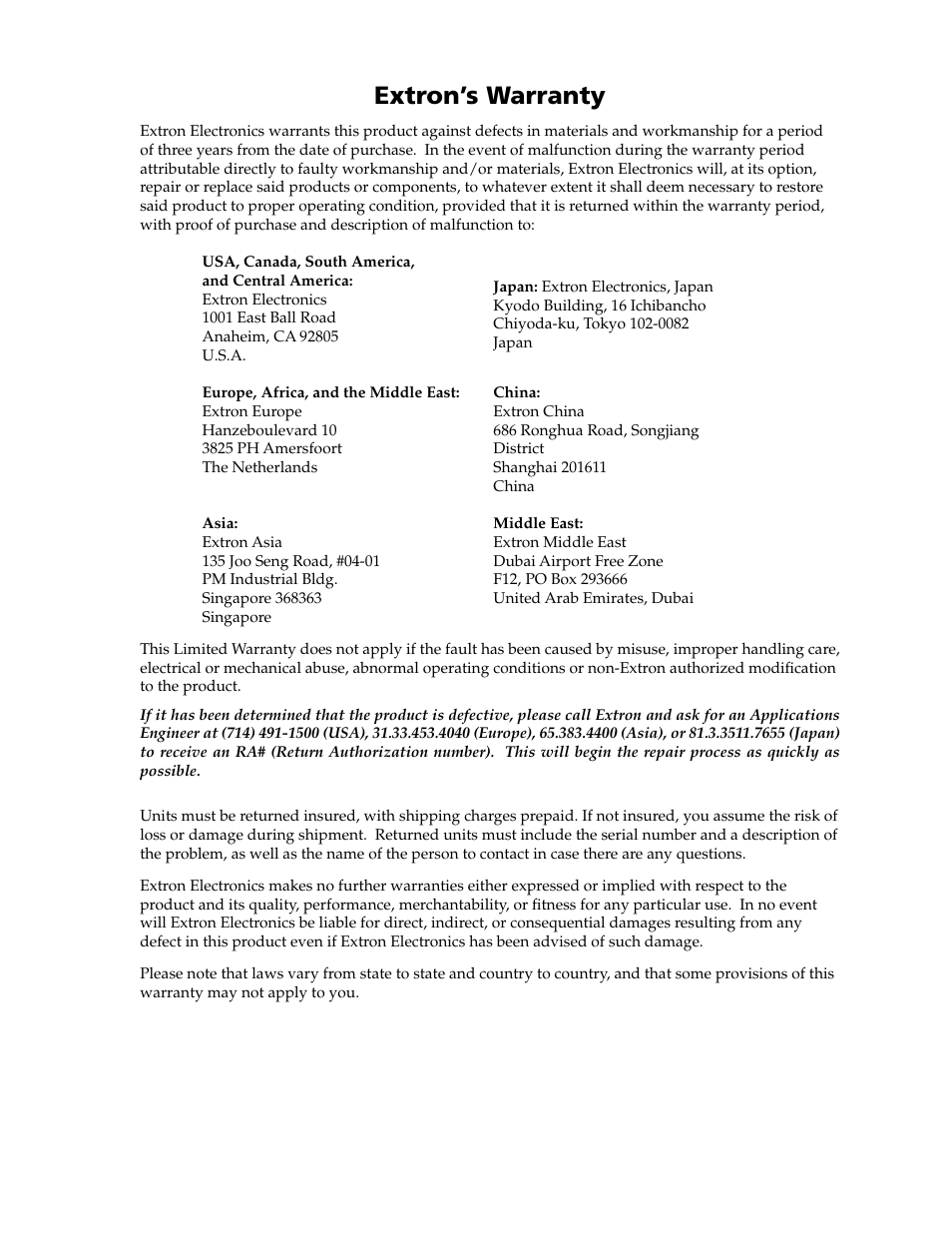Extron’s warranty | Extron Electronics MPX Plus 866 A Rev. B User Manual | Page 221 / 222