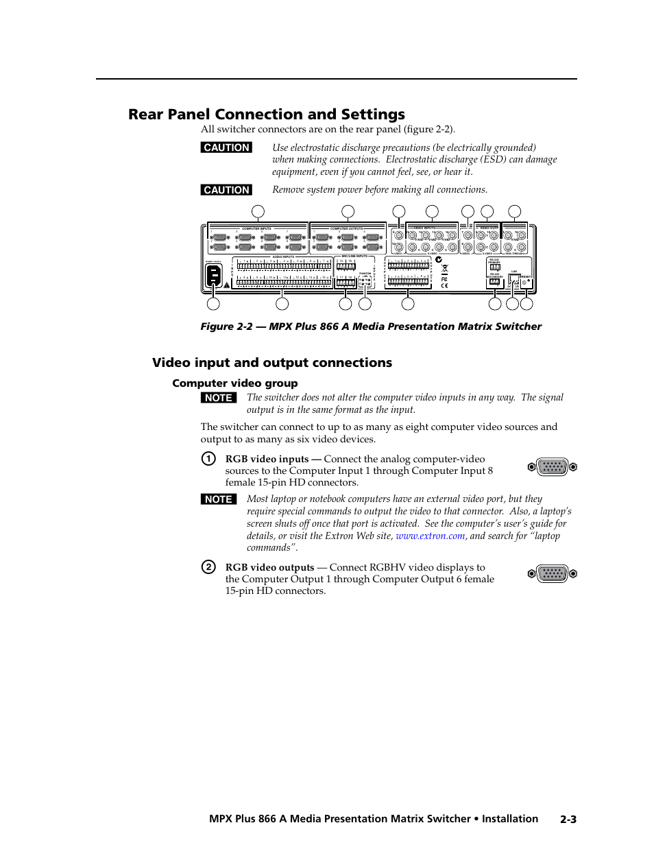 Rear panel connection and settings, Video input and output connections, Computer video group | Video input and output connections -3, Computer video group -3, Preliminar y | Extron Electronics MPX Plus 866 A Rev. B User Manual | Page 23 / 222