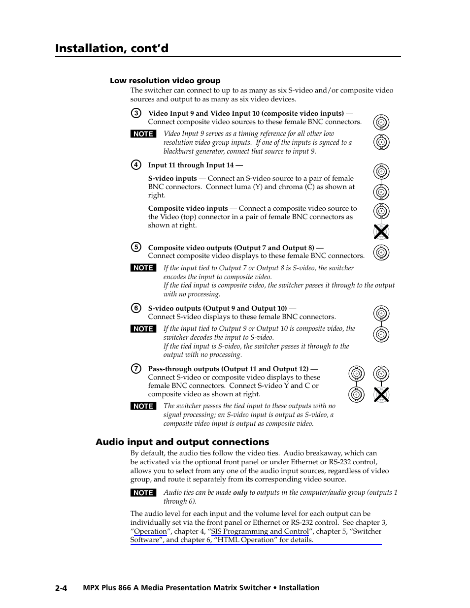 Low resolution video group, Audio input and output connections, Low resolution video group -4 | Audio input and output connections -4, Preliminar y, Installation, cont’d | Extron Electronics MPX Plus 866 A Rev. B User Manual | Page 24 / 222