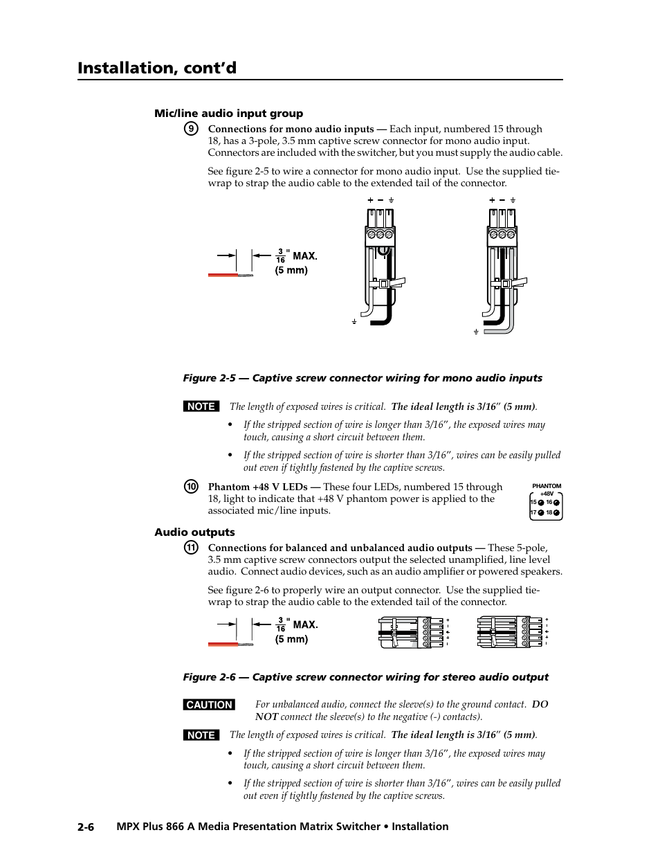 Mic/line audio input group, Audio outputs, Mic/line audio input group -6 audio outputs -6 | Preliminar y, Installation, cont’d | Extron Electronics MPX Plus 866 A Rev. B User Manual | Page 26 / 222