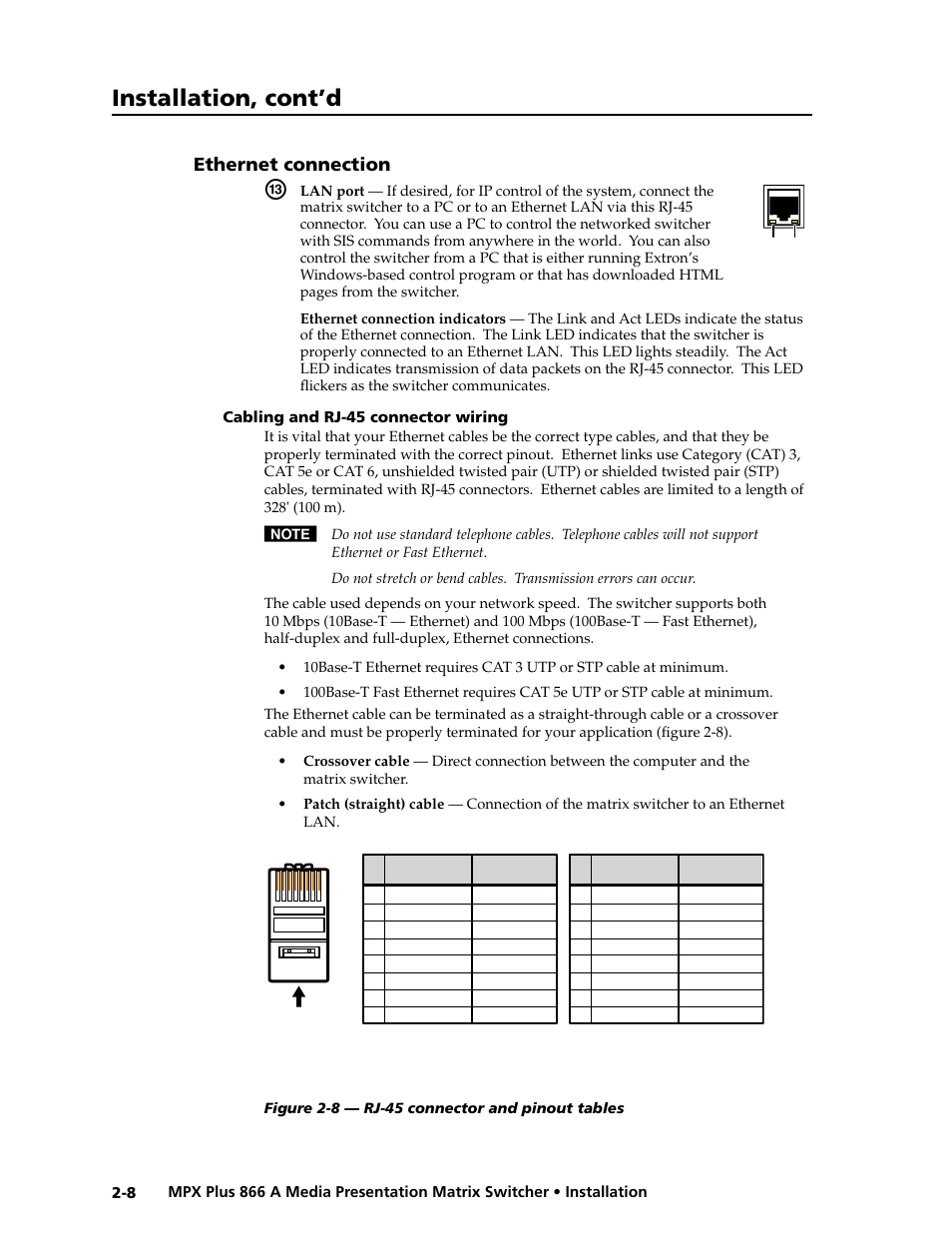 Ethernet connection, Cabling and rj-45 connector wiring, Ethernet connection -8 | Cabling and rj-45 connector wiring -8, Preliminar y, Installation, cont’d | Extron Electronics MPX Plus 866 A Rev. B User Manual | Page 28 / 222