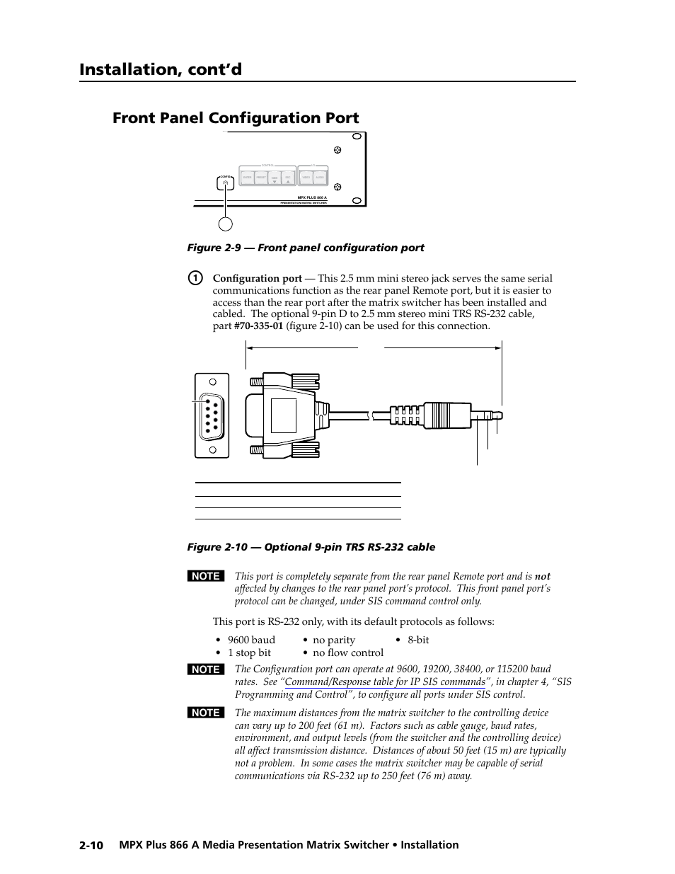 Front panel configuration port, Preliminar y, Installation, cont’d | Extron Electronics MPX Plus 866 A Rev. B User Manual | Page 30 / 222