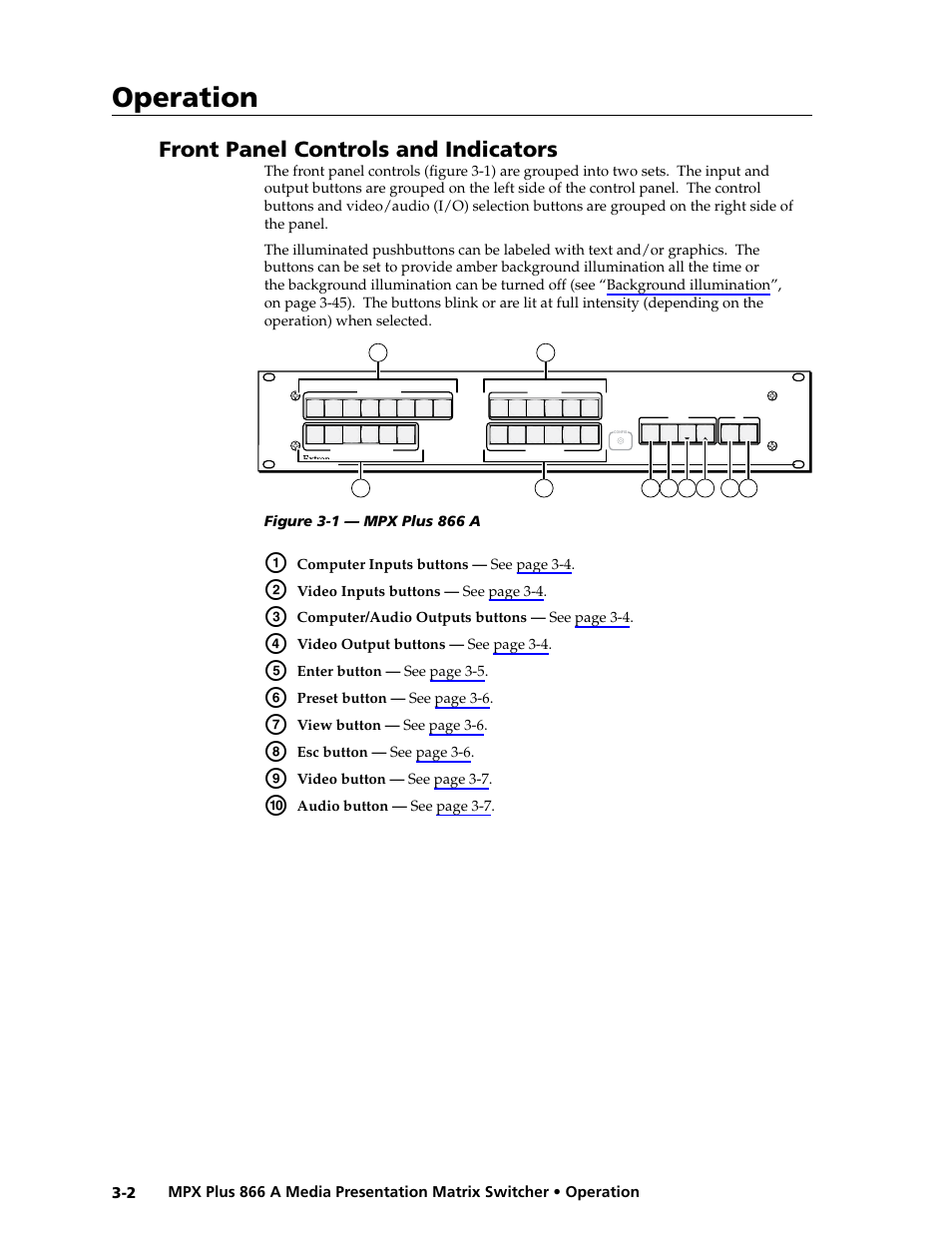Front panel controls and indicators, Preliminar y, Operation | Extron Electronics MPX Plus 866 A Rev. B User Manual | Page 32 / 222