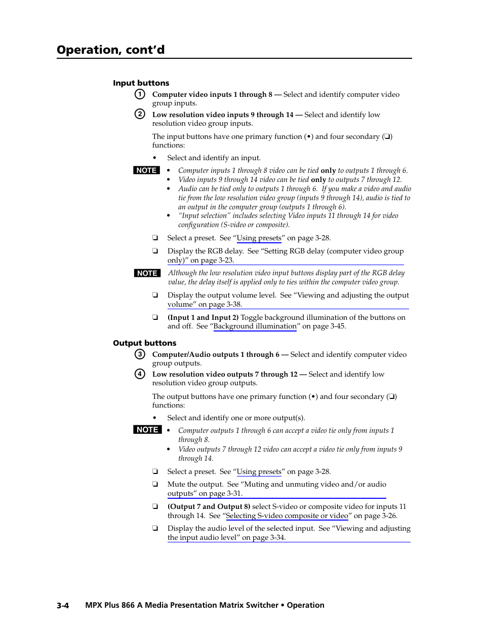 Input buttons, Output buttons, Input buttons -4 output buttons -4 | Preliminar y, Operation, cont’d | Extron Electronics MPX Plus 866 A Rev. B User Manual | Page 34 / 222