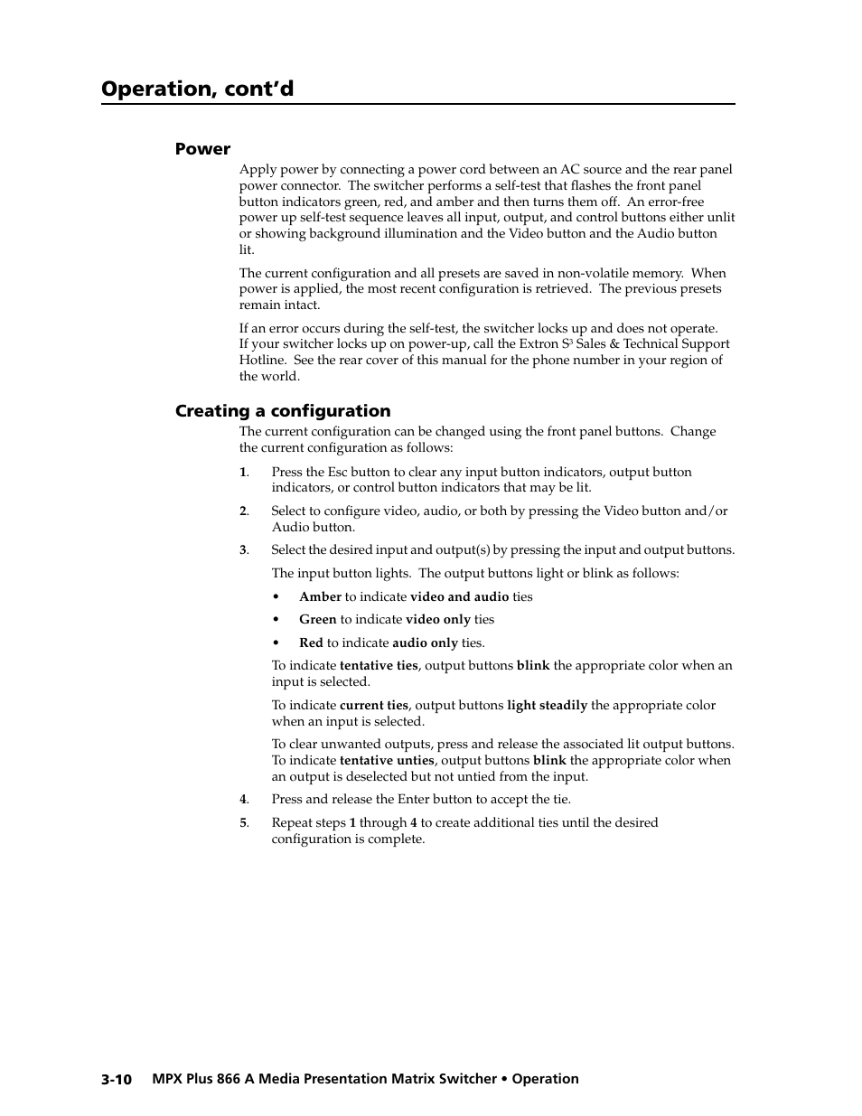 Power, Creating a configuration, Power -10 creating a configuration -10 | Creating ties, sets of ties, and configurations, Preliminar y, Operation, cont’d | Extron Electronics MPX Plus 866 A Rev. B User Manual | Page 40 / 222