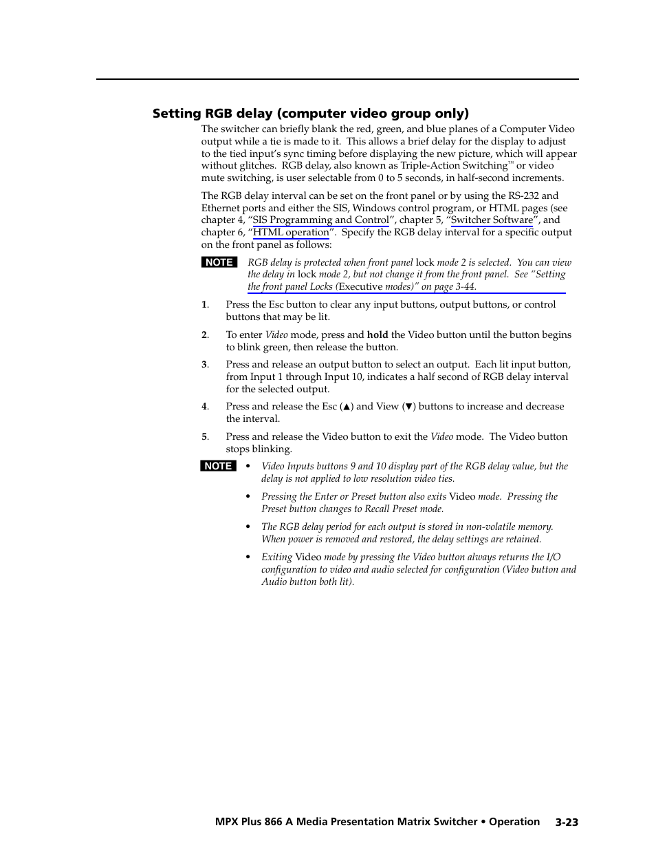 Setting rgb delay (computer video group only), Setting rgb delay (computer video group only) -23, Rgb delay | Input 11 - 14, Format, Setting rgb delay for ties to outputs 1 through 6, Preliminar y | Extron Electronics MPX Plus 866 A Rev. B User Manual | Page 53 / 222
