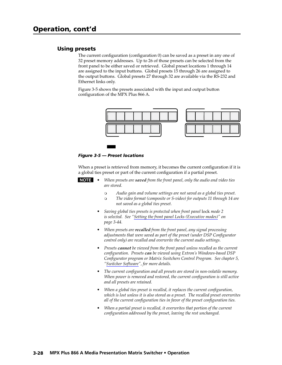 Using presets, Using presets -28, Presets | Preliminar y, Operation, cont’d | Extron Electronics MPX Plus 866 A Rev. B User Manual | Page 58 / 222