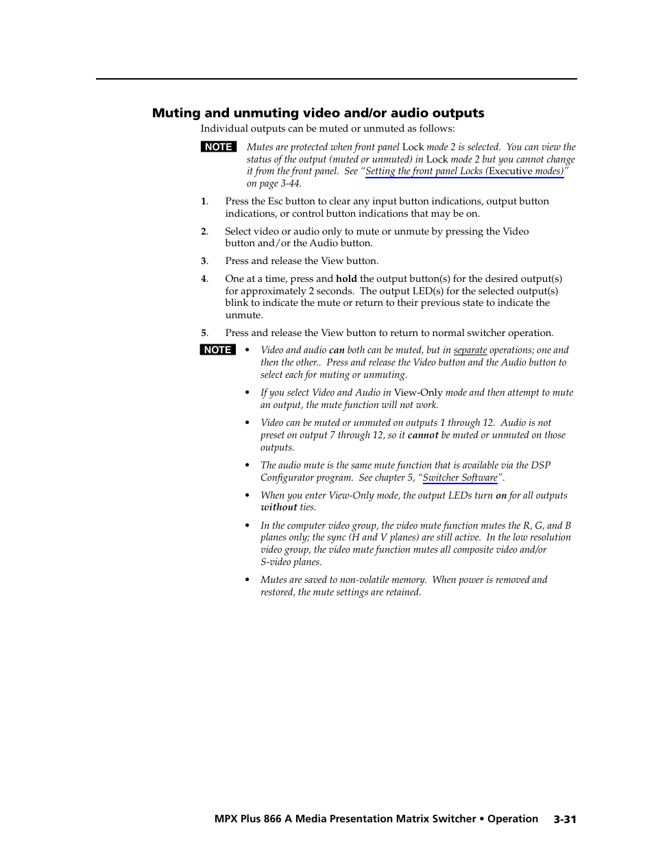 Muting and unmuting video and/or audio outputs, Mutes, Muting and unmuting outputs | Preliminar y | Extron Electronics MPX Plus 866 A Rev. B User Manual | Page 61 / 222