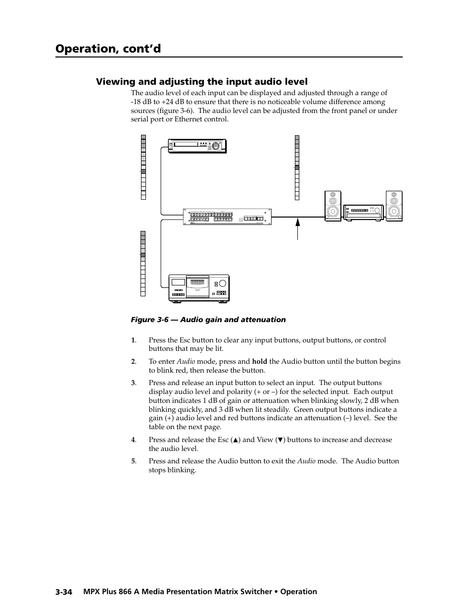Viewing and adjusting the input audio level, Viewing and adjusting the input audio level -34, Input audio | Level, Ease input level, Input level, Audio, Preliminar y, Operation, cont’d, And view | Extron Electronics MPX Plus 866 A Rev. B User Manual | Page 64 / 222