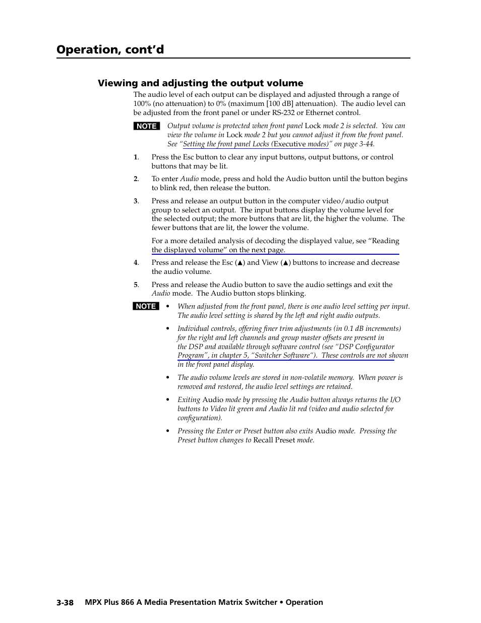 Viewing and adjusting the output volume, Viewing and adjusting the output volume -38, Output audio | Volume, Or output volume, Preliminar y, Operation, cont’d | Extron Electronics MPX Plus 866 A Rev. B User Manual | Page 68 / 222