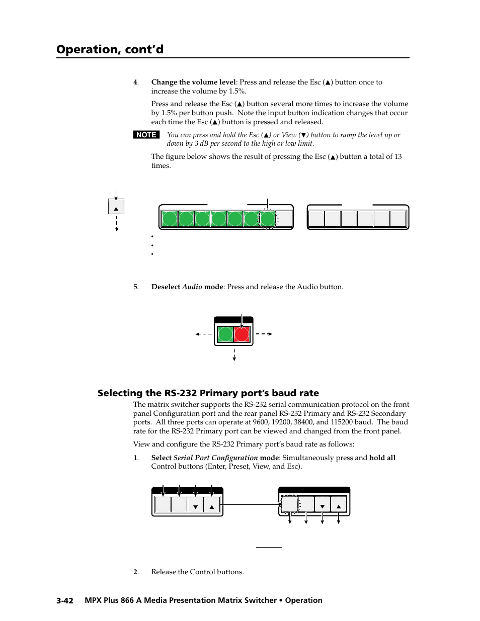 Selecting the rs-232 primary port’s baud rate, Selecting the rs-232 primary port’s baud rate -42, Port | Configuration, Preliminar y, Operation, cont’d | Extron Electronics MPX Plus 866 A Rev. B User Manual | Page 72 / 222