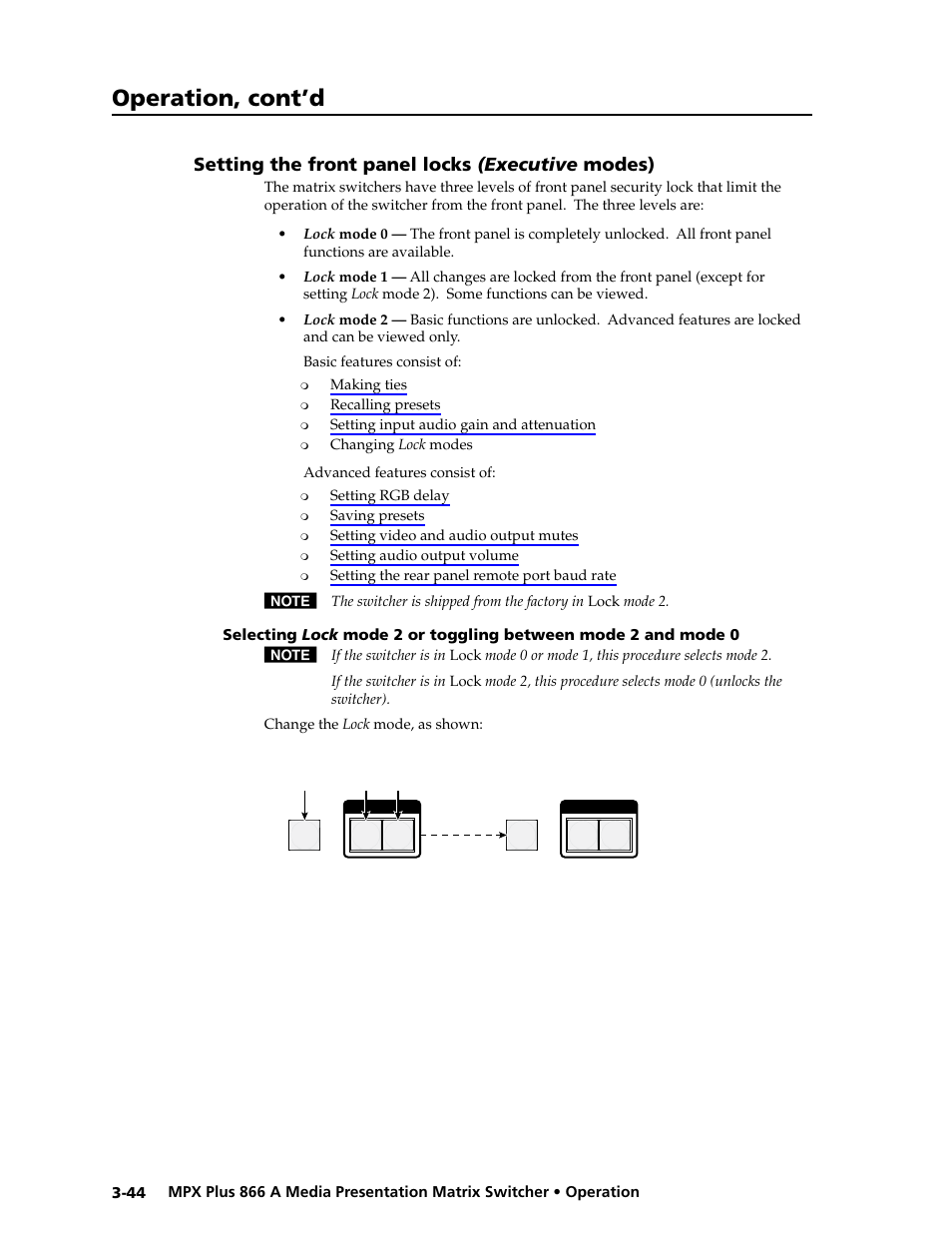 Setting the front panel locks (executive modes), Front panel, Locks | Setting the front panel locks ( executive modes), Locking the front panel, The delay in, The front panel locks, Panel. see “setting the front panel locks, Executive modes), See “setting the front panel locks | Extron Electronics MPX Plus 866 A Rev. B User Manual | Page 74 / 222