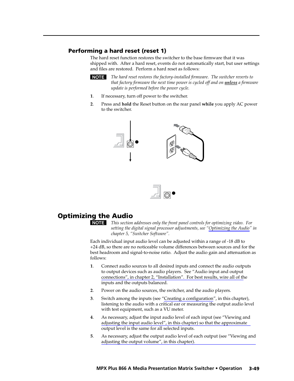 Performing a hard reset (reset 1), Optimizing the audio, Performing a hard reset (reset 1) -49 | Preliminar y | Extron Electronics MPX Plus 866 A Rev. B User Manual | Page 79 / 222