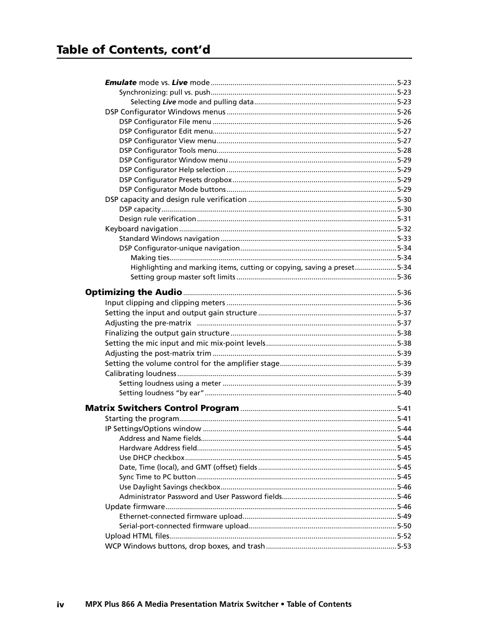 Preliminar y, Table of contents, cont’d | Extron Electronics MPX Plus 866 A Rev. B User Manual | Page 8 / 222