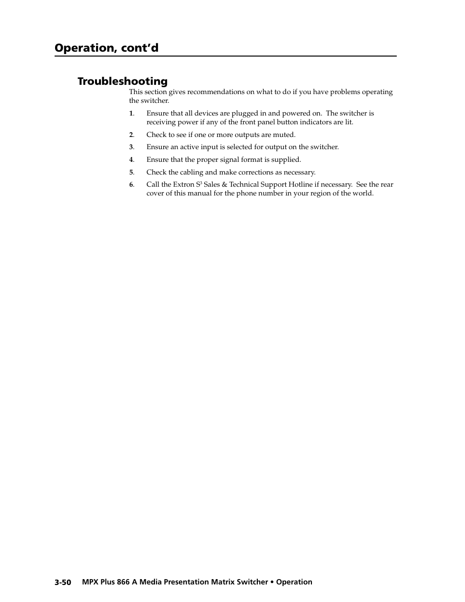 Troubleshooting, Preliminar y, Operation, cont’d | Extron Electronics MPX Plus 866 A Rev. B User Manual | Page 80 / 222