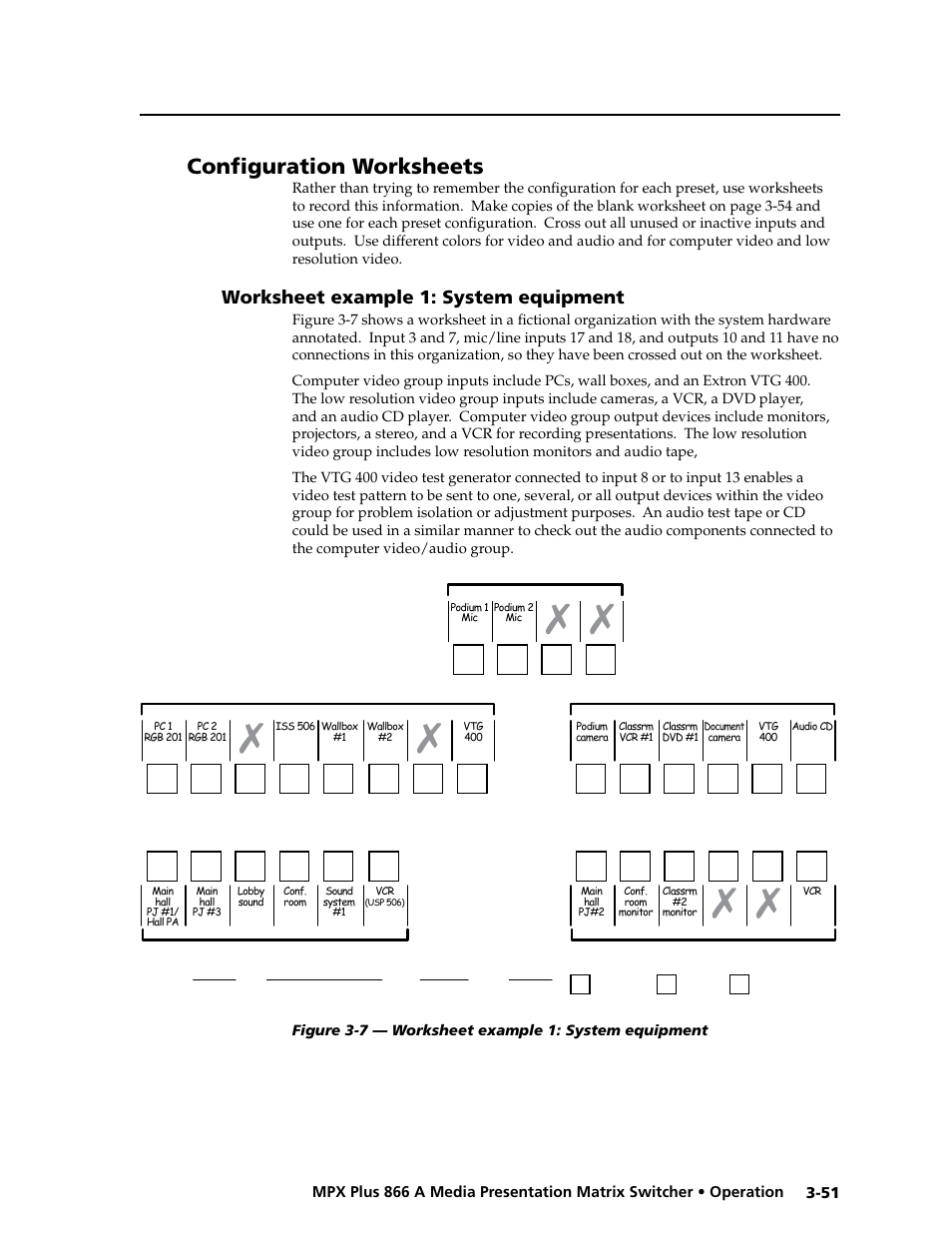 Configuration worksheets, Worksheet example 1: system equipment, Worksheet example 1: system equipment -51 | Preliminar y | Extron Electronics MPX Plus 866 A Rev. B User Manual | Page 81 / 222