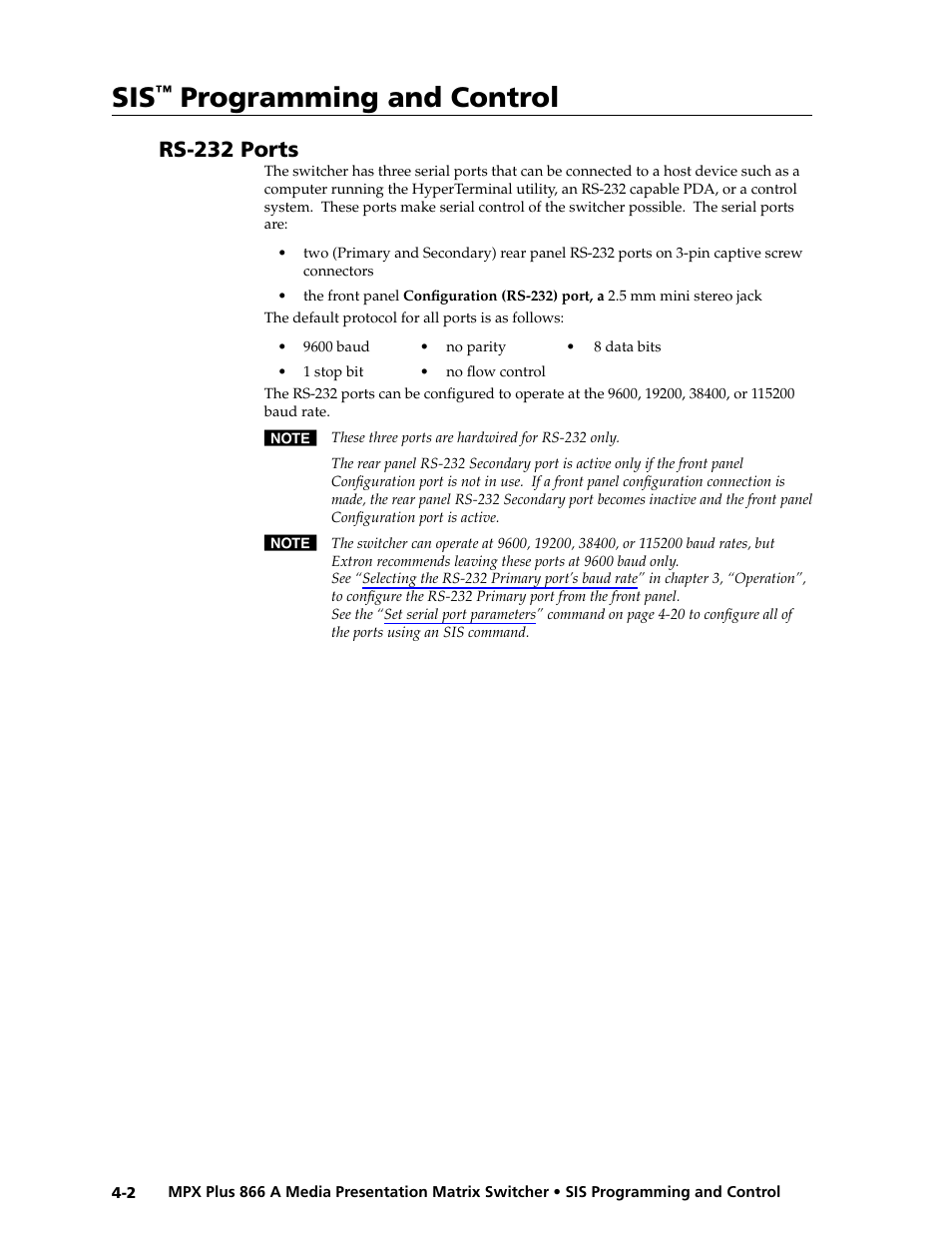 Rs-232 ports, Preliminar y, Programming and control | Extron Electronics MPX Plus 866 A Rev. B User Manual | Page 86 / 222