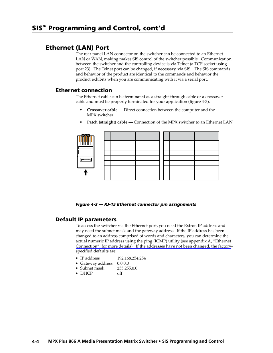 Ethernet (lan) port, Ethernet connection, Default ip parameters | Ethernet connection -4 default ip parameters -4, Preliminar y, Programming and control, cont’d | Extron Electronics MPX Plus 866 A Rev. B User Manual | Page 88 / 222