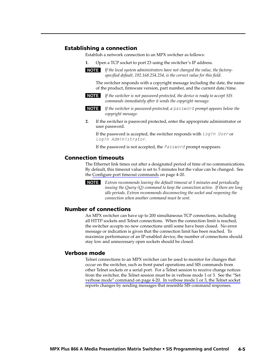 Establishing a connection, Connection timeouts, Number of connections | Verbose mode, Preliminar y | Extron Electronics MPX Plus 866 A Rev. B User Manual | Page 89 / 222