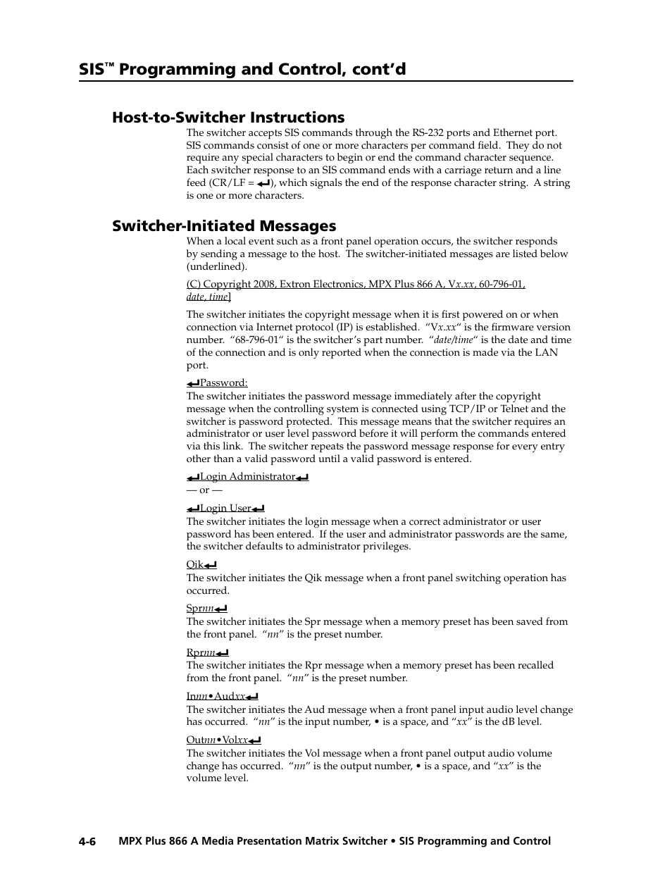 Host-to-switcher instructions, Switcher-initiated messages, Preliminar y | Programming and control, cont’d | Extron Electronics MPX Plus 866 A Rev. B User Manual | Page 90 / 222