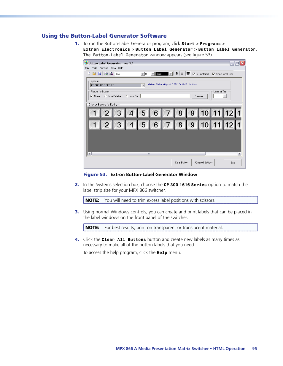 Using the button-label generator software | Extron Electronics MPX 866 A User Guide User Manual | Page 100 / 134