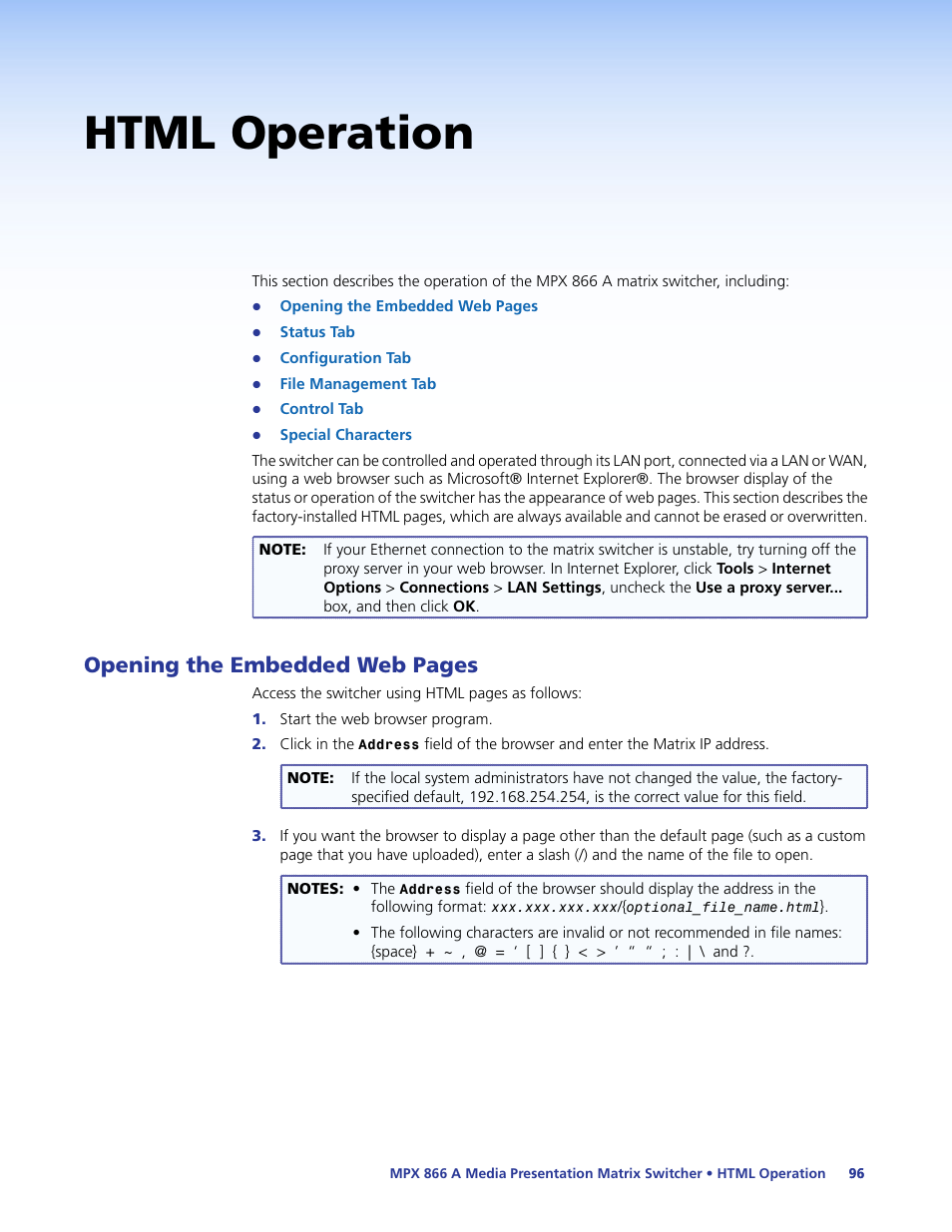 Html operation, Control tab, Opening the embedded web pages | Extron Electronics MPX 866 A User Guide User Manual | Page 101 / 134