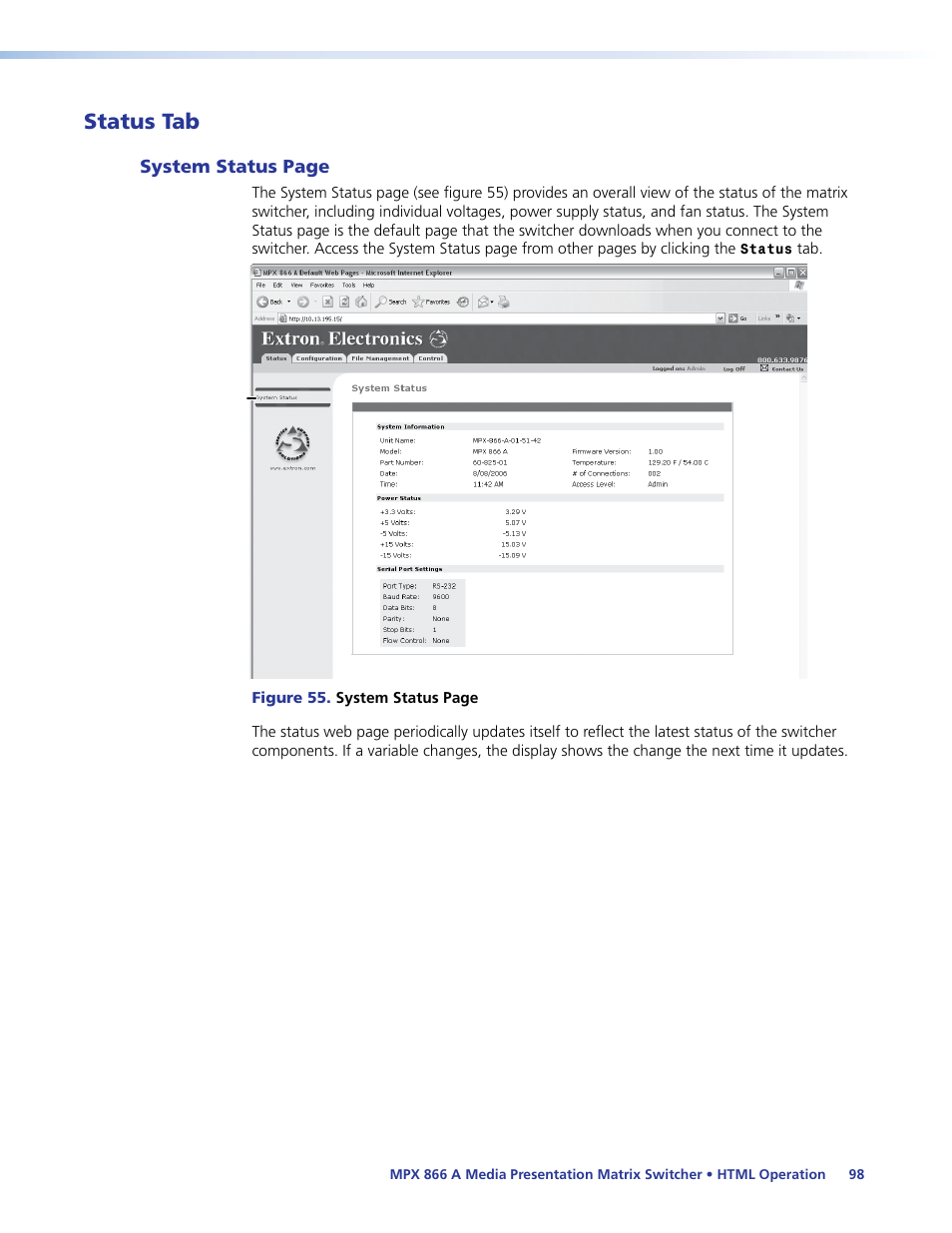 Status tab | Extron Electronics MPX 866 A User Guide User Manual | Page 103 / 134
