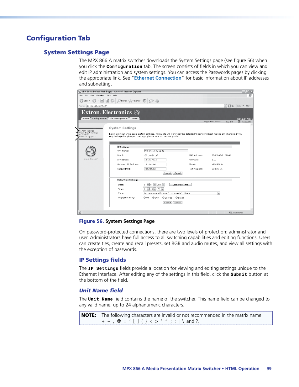 Configuration tab, Ip settings fields, Unit name field | Special characters | Extron Electronics MPX 866 A User Guide User Manual | Page 104 / 134