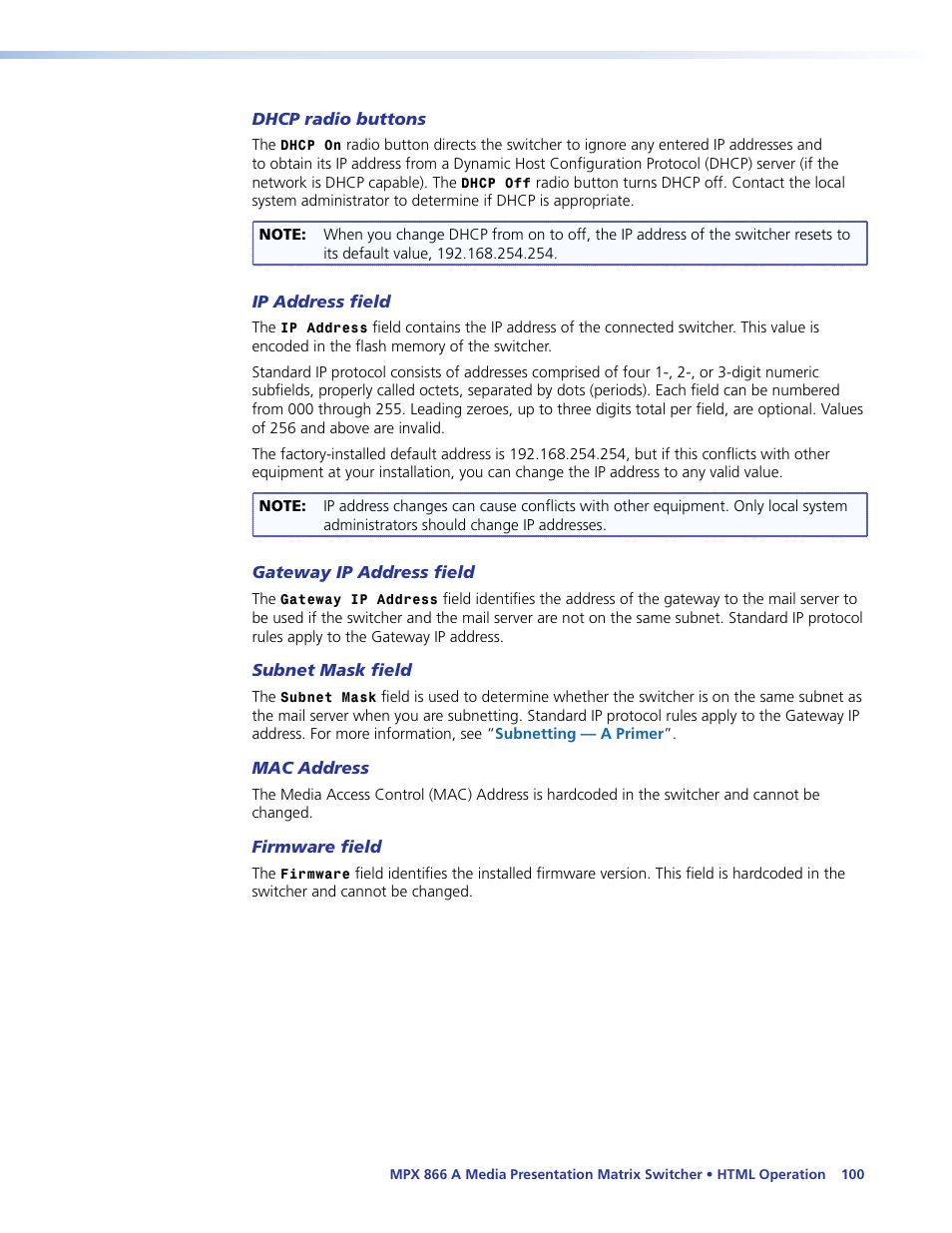 Dhcp radio buttons, Ip address field, Gateway ip address field | Subnet mask field, Mac address, Firmware field | Extron Electronics MPX 866 A User Guide User Manual | Page 105 / 134