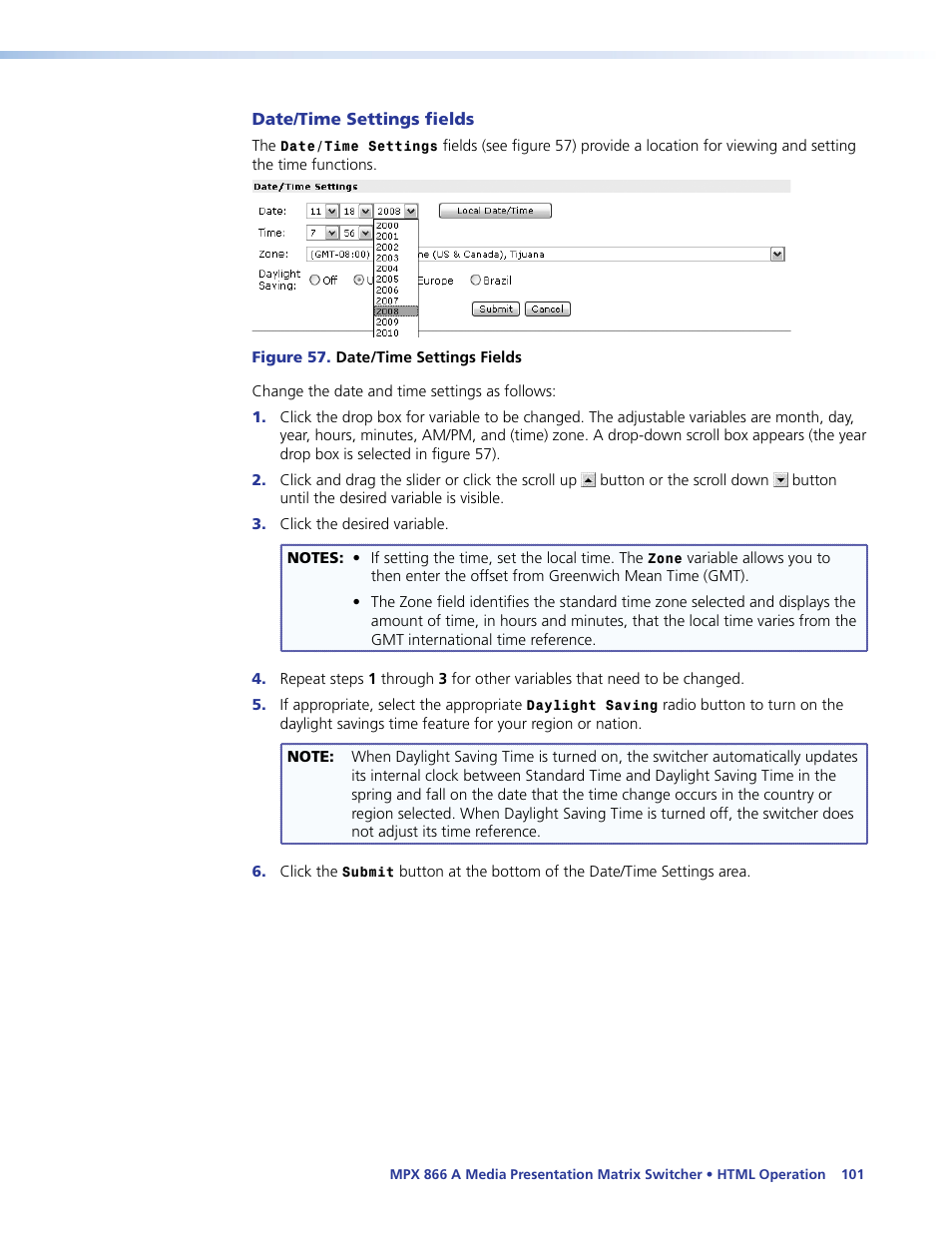 Date/time settings fields | Extron Electronics MPX 866 A User Guide User Manual | Page 106 / 134