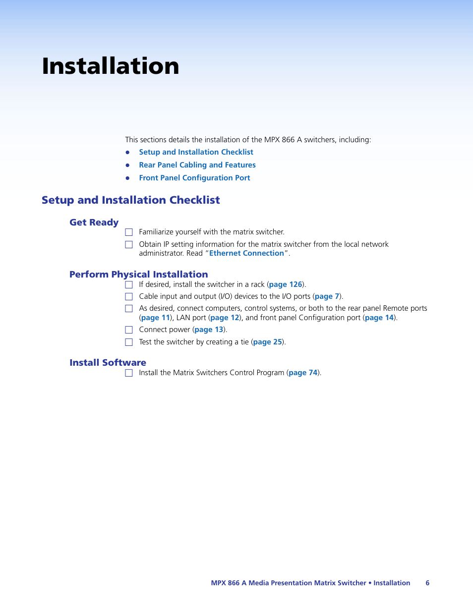 Installation, Setup and installation checklist, Get ready | Perform physical installation, Install software | Extron Electronics MPX 866 A User Guide User Manual | Page 11 / 134