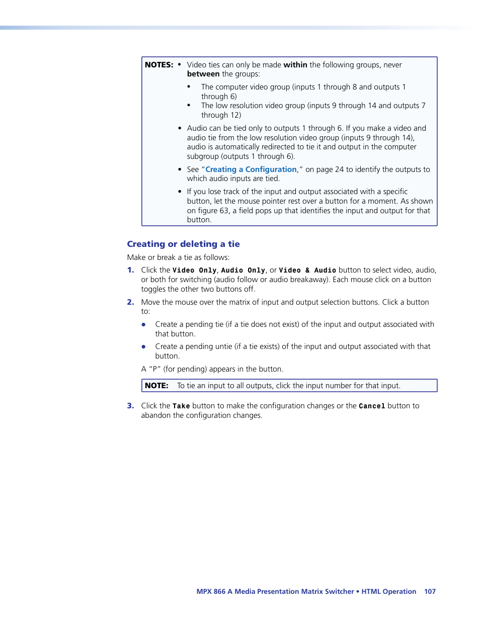Creating or deleting a tie, Html operation, Section | Extron Electronics MPX 866 A User Guide User Manual | Page 112 / 134