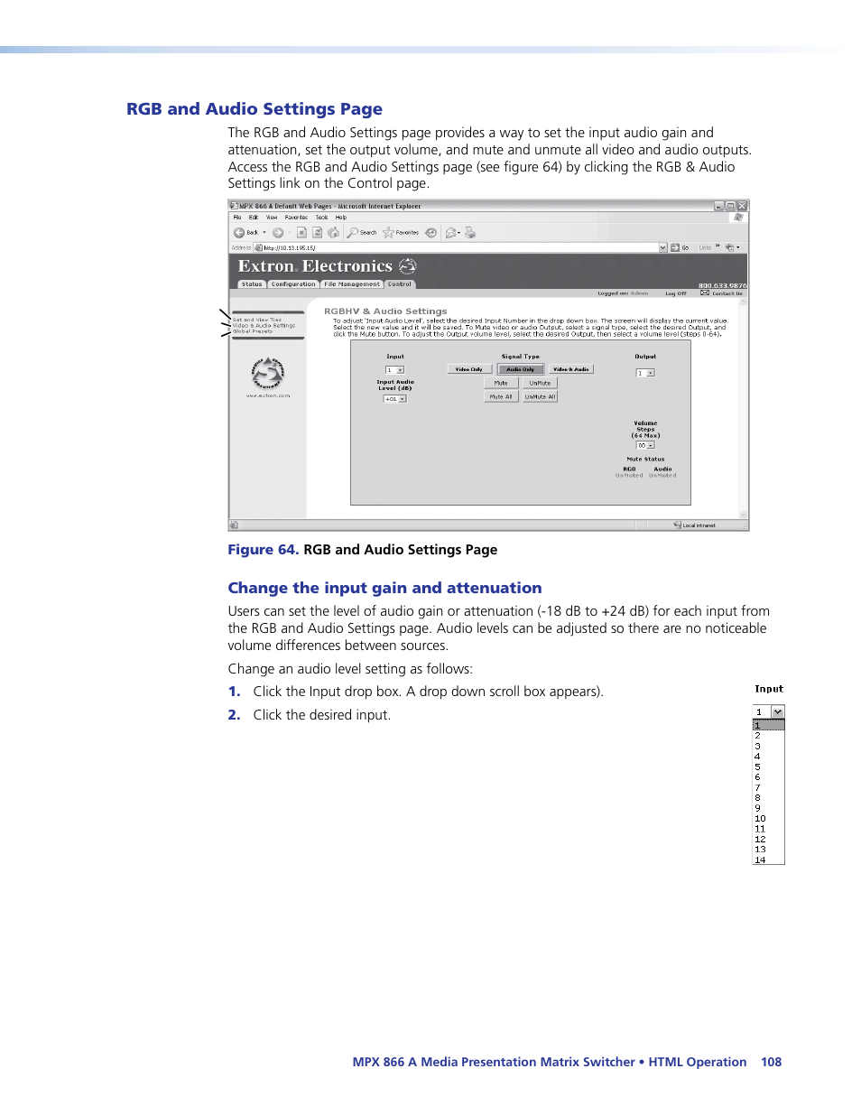Change the input gain and attenuation, Html operation, Section | Extron Electronics MPX 866 A User Guide User Manual | Page 113 / 134
