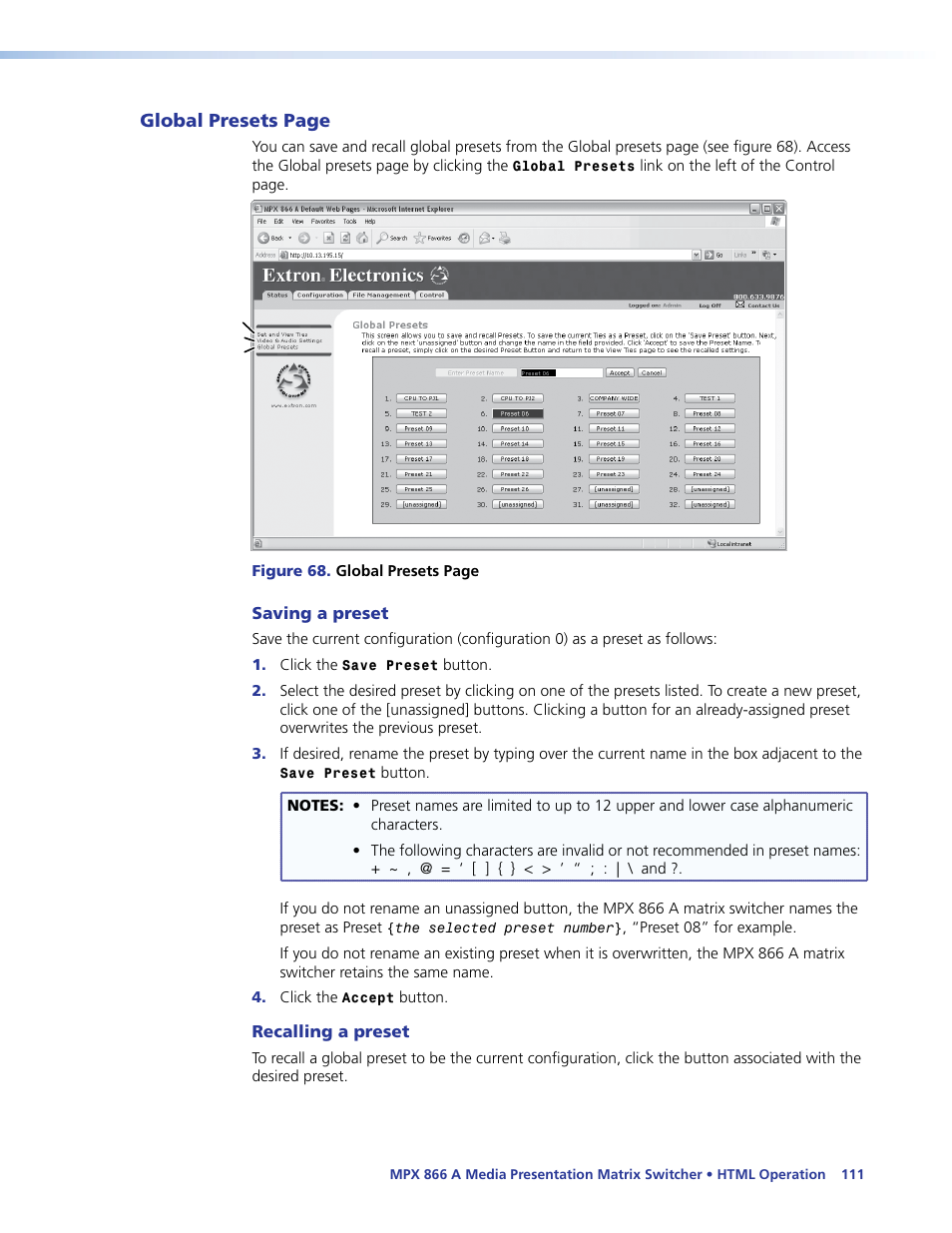 Saving a preset, Recalling a preset | Extron Electronics MPX 866 A User Guide User Manual | Page 116 / 134