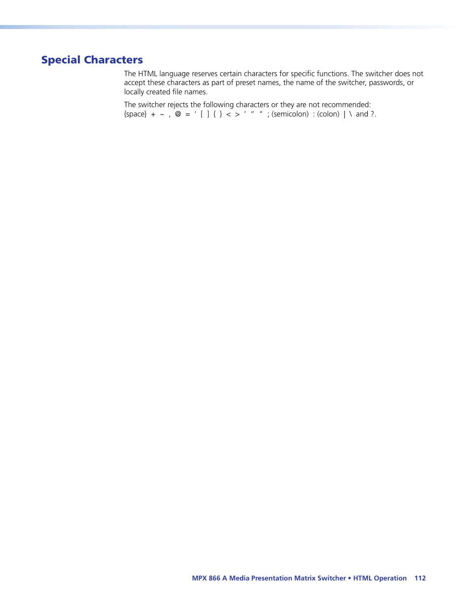Special characters | Extron Electronics MPX 866 A User Guide User Manual | Page 117 / 134