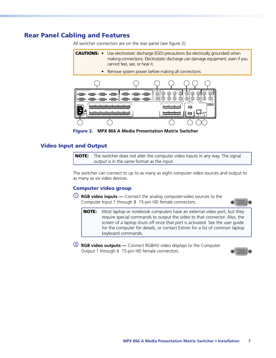 Rear panel cabling and features, Video input and output, Computer video group | Output 1 through 6 15-pin hd female connectors | Extron Electronics MPX 866 A User Guide User Manual | Page 12 / 134