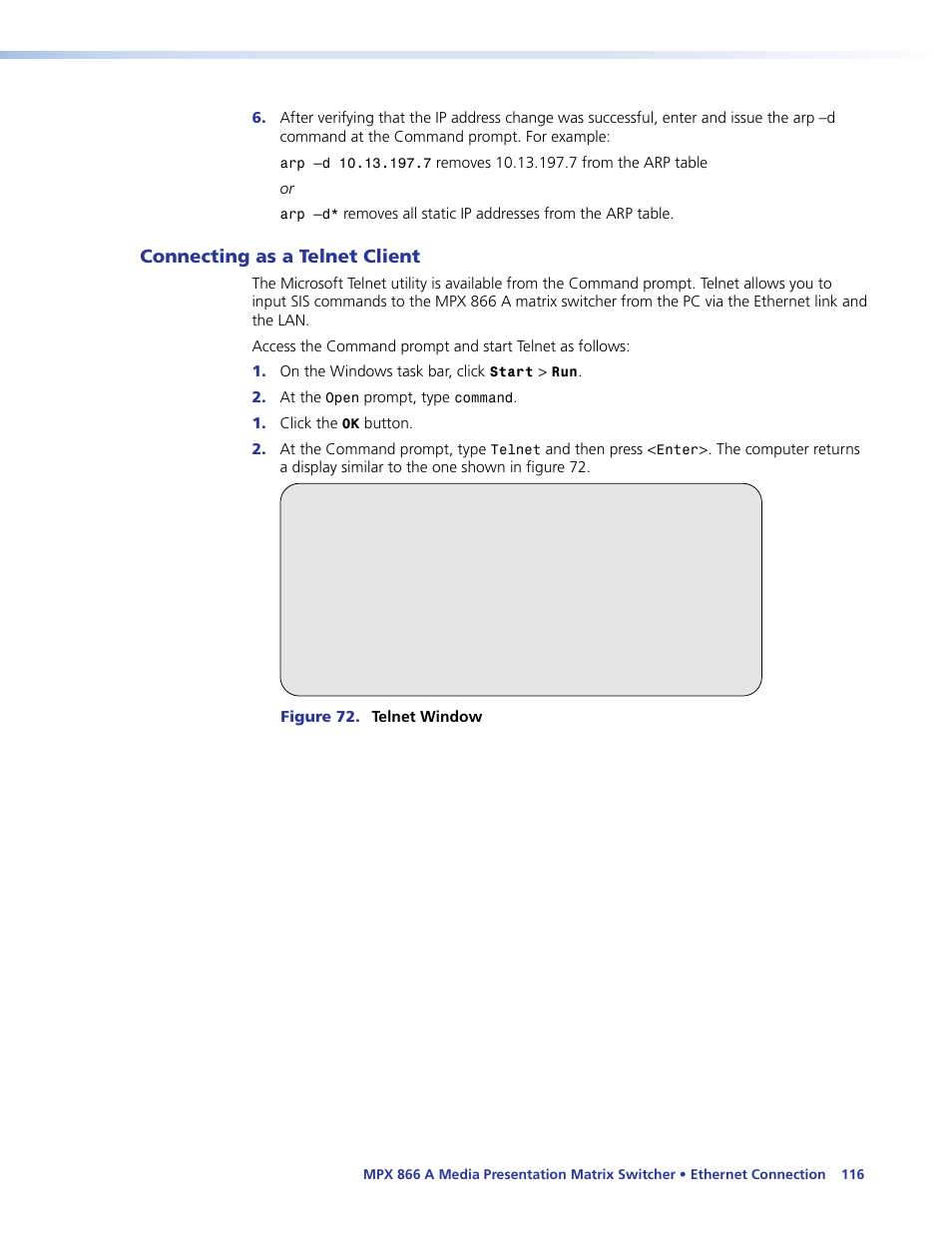 Connecting as a telnet client | Extron Electronics MPX 866 A User Guide User Manual | Page 121 / 134