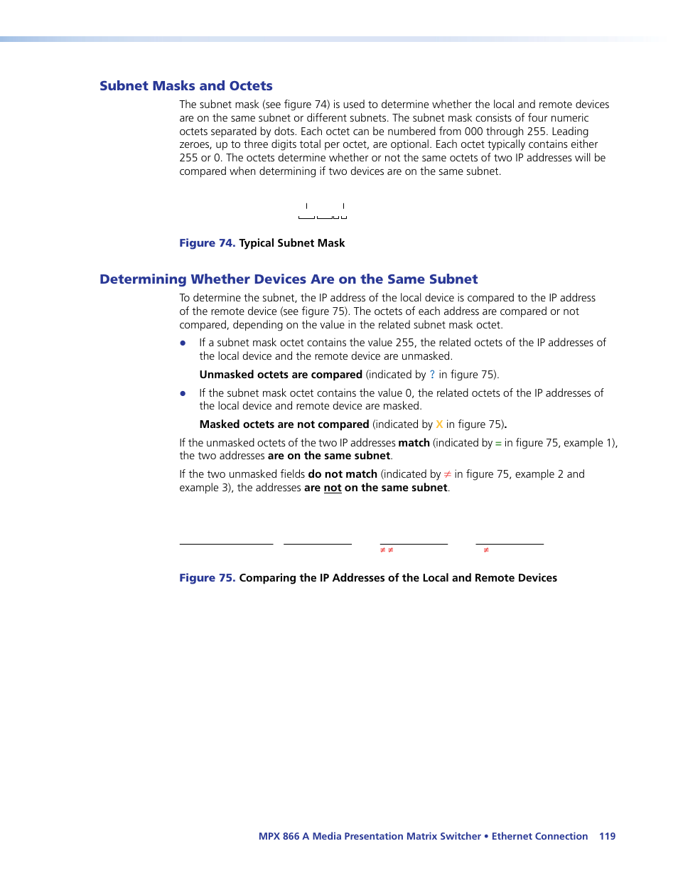 Subnet masks and octets, Determining whether devices are on the same subnet, Are on the same subnet | Extron Electronics MPX 866 A User Guide User Manual | Page 124 / 134