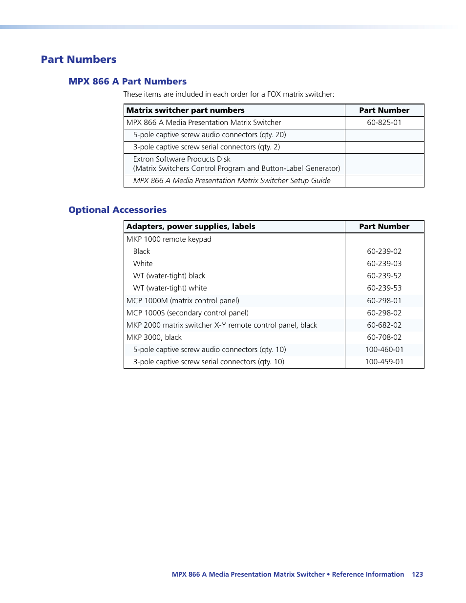 Part numbers, Mpx 866 a part numbers, Optional accessories | Mpx 866 a part numbers optional accessories | Extron Electronics MPX 866 A User Guide User Manual | Page 128 / 134