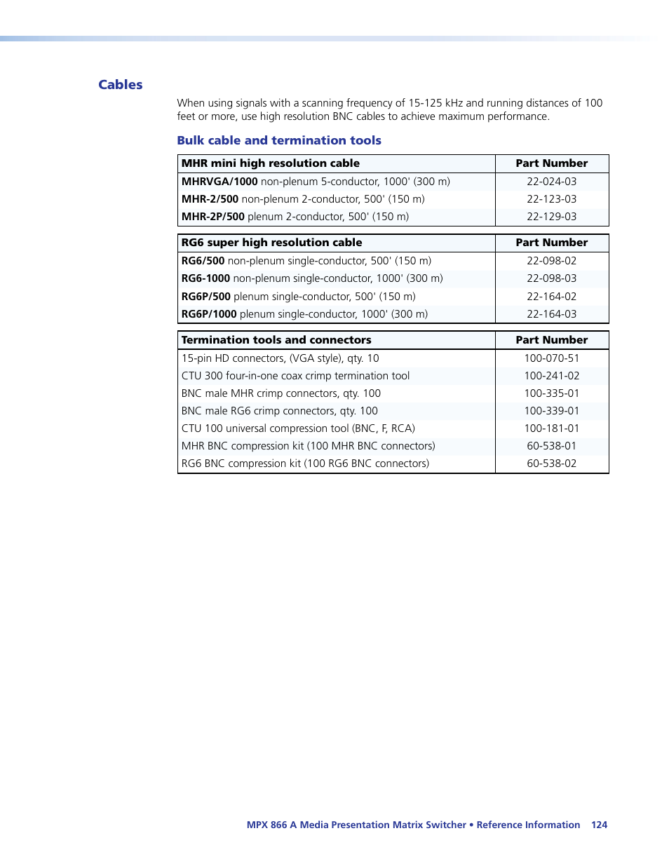 Cables, Bulk cable and termination tools | Extron Electronics MPX 866 A User Guide User Manual | Page 129 / 134