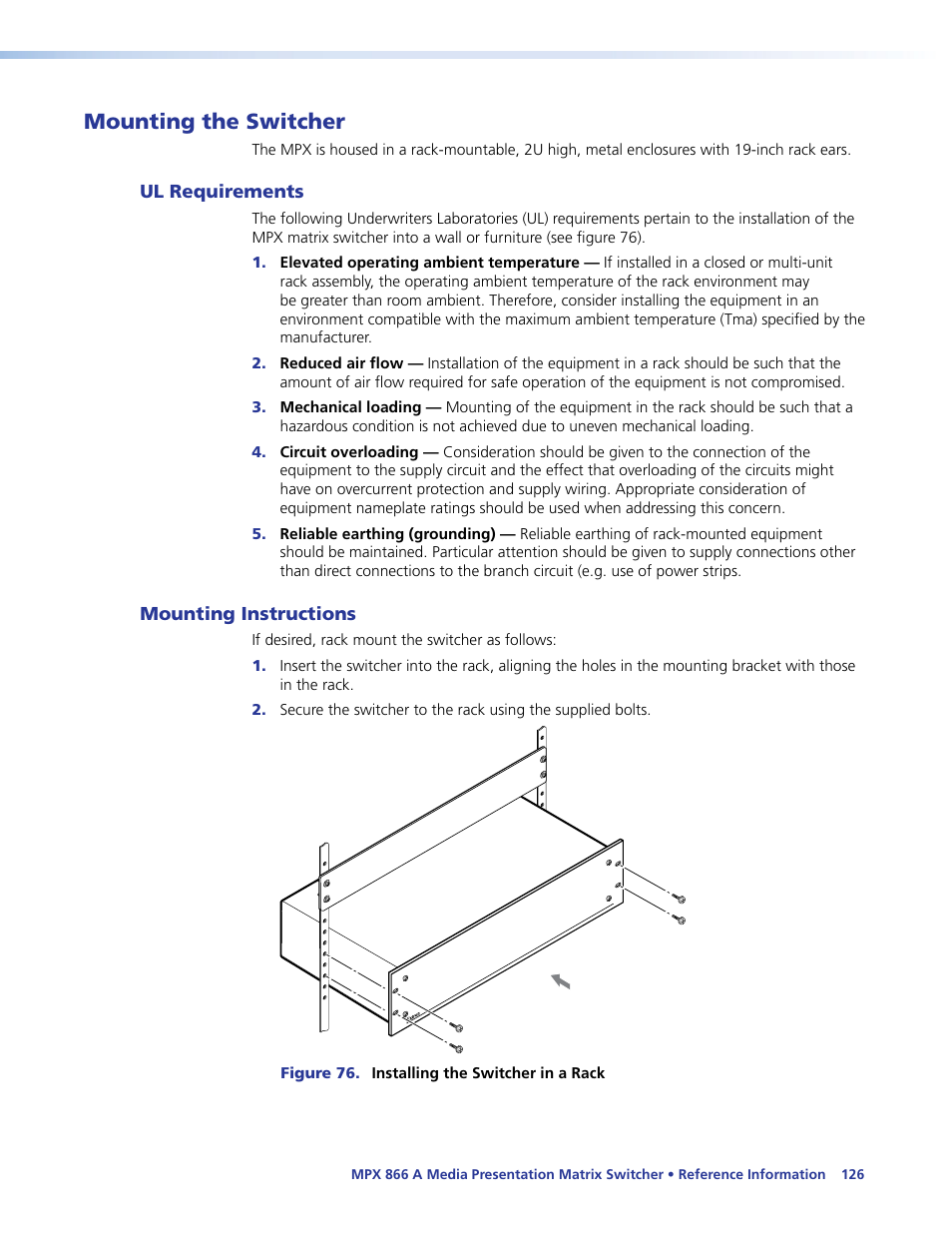 Mounting the switcher, Ul requirements, Mounting instructions | Ul requirements mounting instructions | Extron Electronics MPX 866 A User Guide User Manual | Page 131 / 134