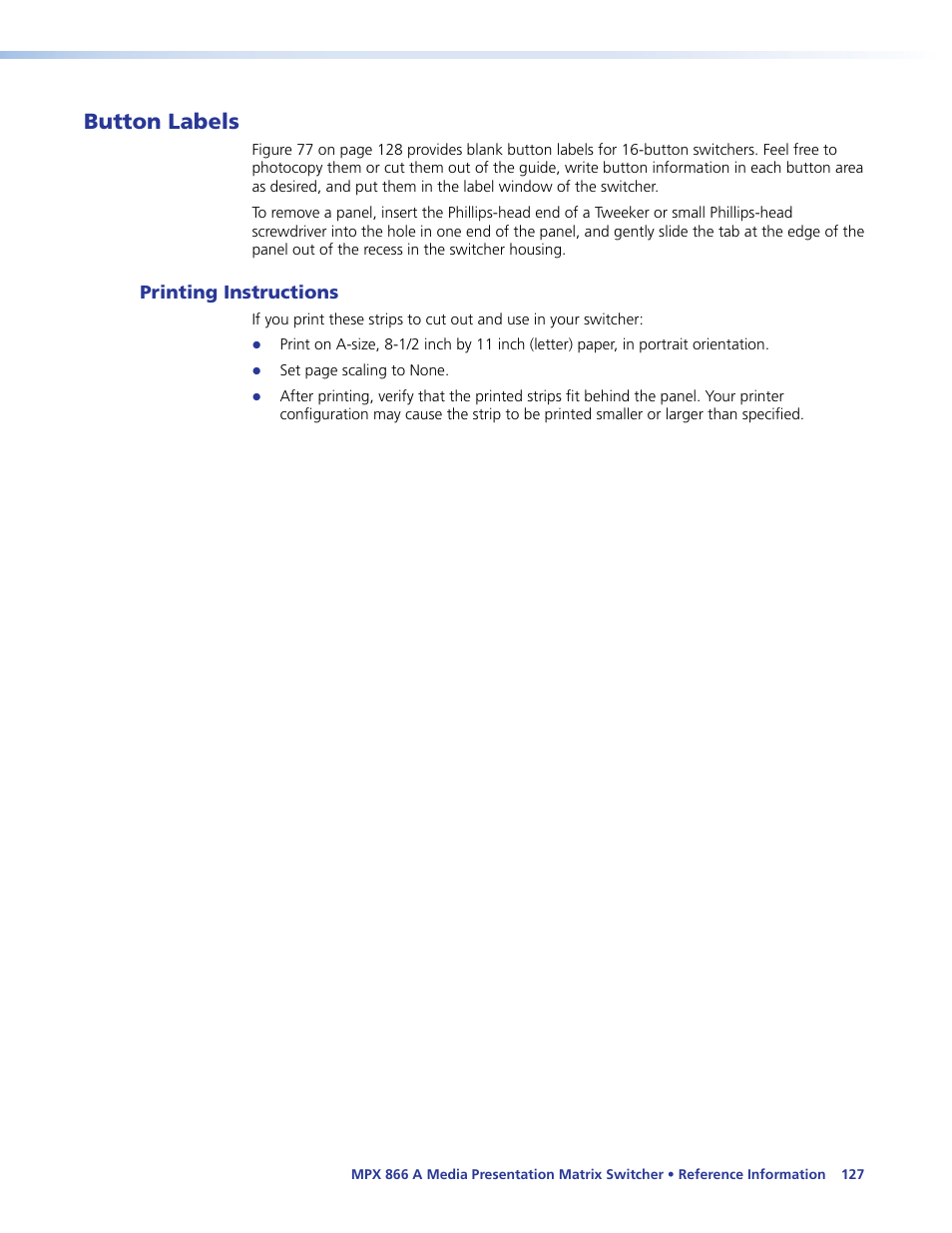 Button labels, Printing instructions | Extron Electronics MPX 866 A User Guide User Manual | Page 132 / 134