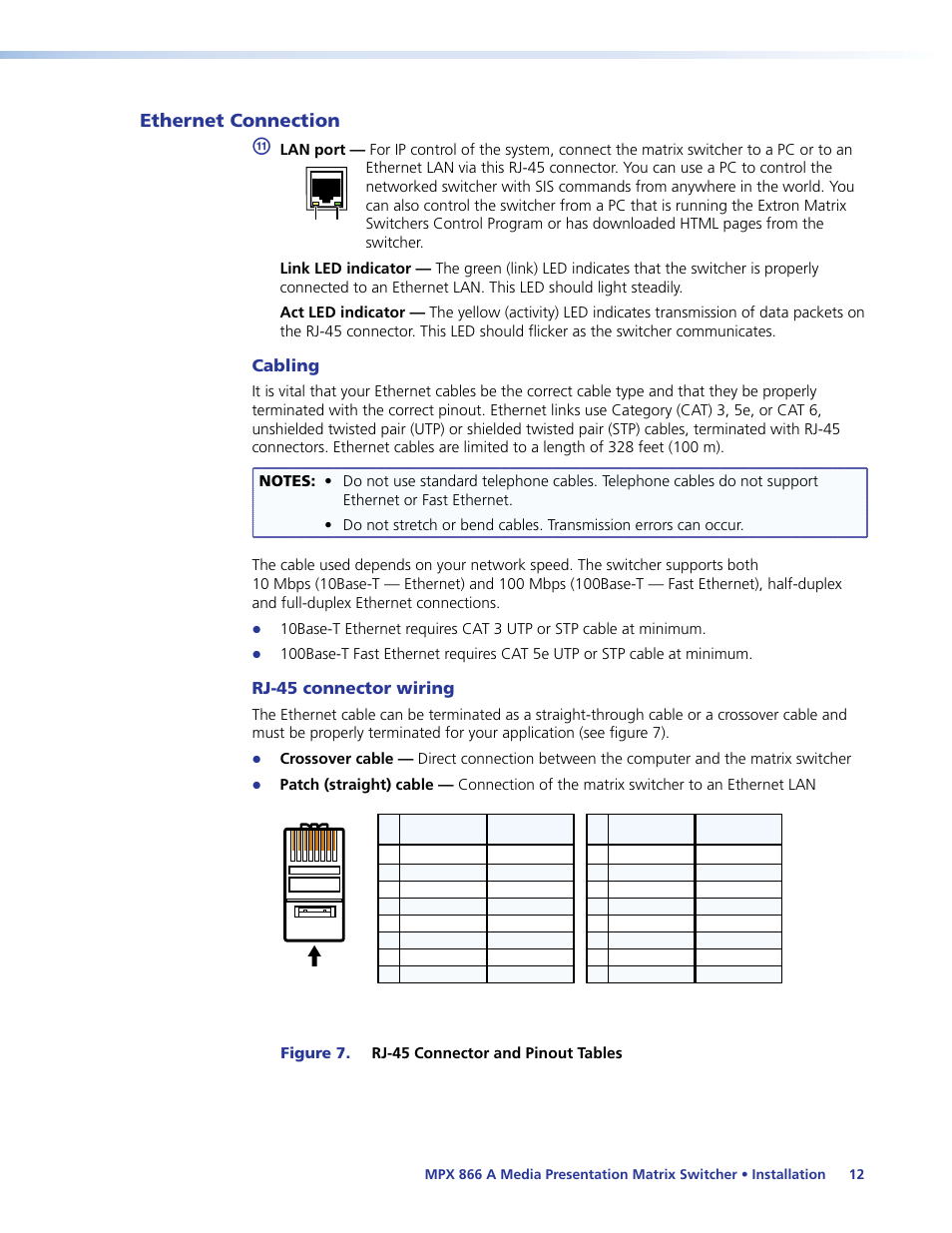 Ethernet connection, Cabling, Rj-45 connector wiring | Extron Electronics MPX 866 A User Guide User Manual | Page 17 / 134