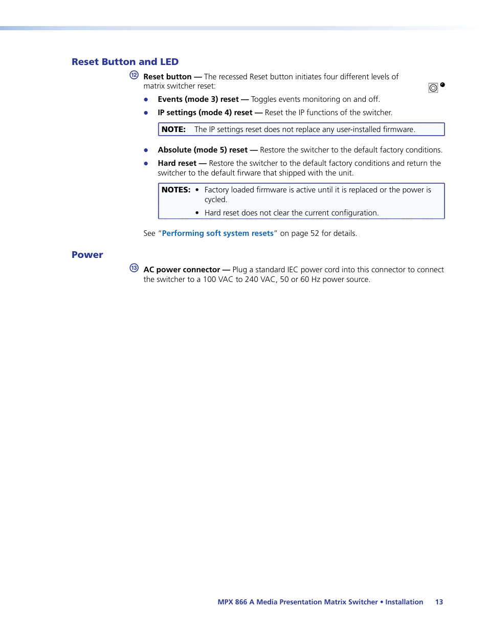 Reset button and led, Power, Reset button and led power | Extron Electronics MPX 866 A User Guide User Manual | Page 18 / 134