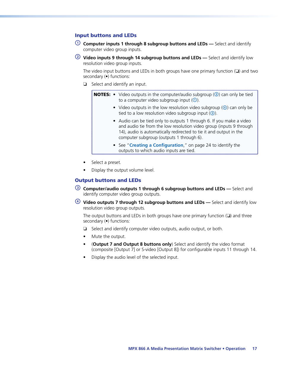 Input buttons and leds, Output buttons and leds | Extron Electronics MPX 866 A User Guide User Manual | Page 22 / 134