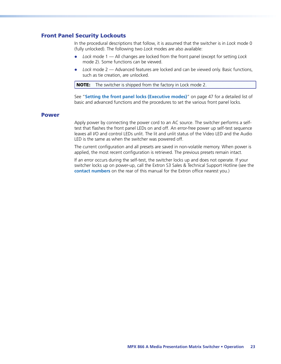 Front panel security lockouts, Power, Front panel security lockouts power | Extron Electronics MPX 866 A User Guide User Manual | Page 28 / 134