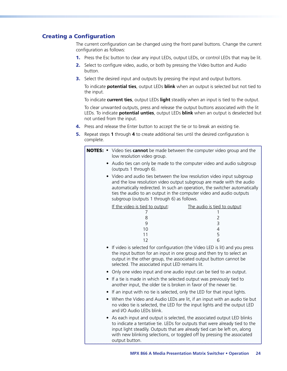 Creating a configuration, Operation, Creating ties, sets of ties, and configurations | Extron Electronics MPX 866 A User Guide User Manual | Page 29 / 134